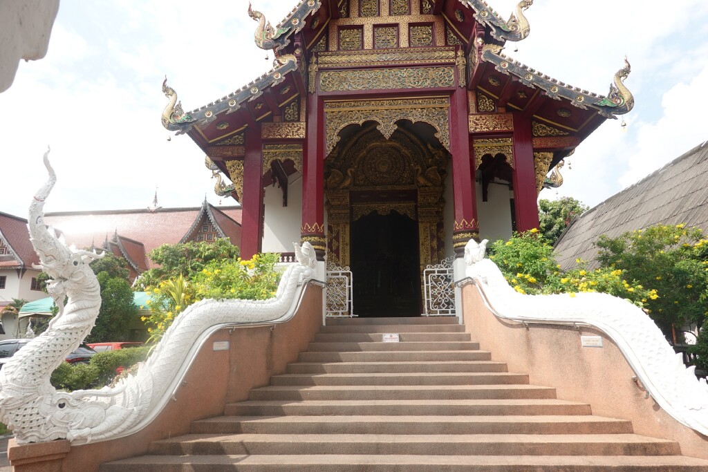 Naga-flanked stairway to the prayer hall at Wat Chang Taem, Chiang Mai, Thailand