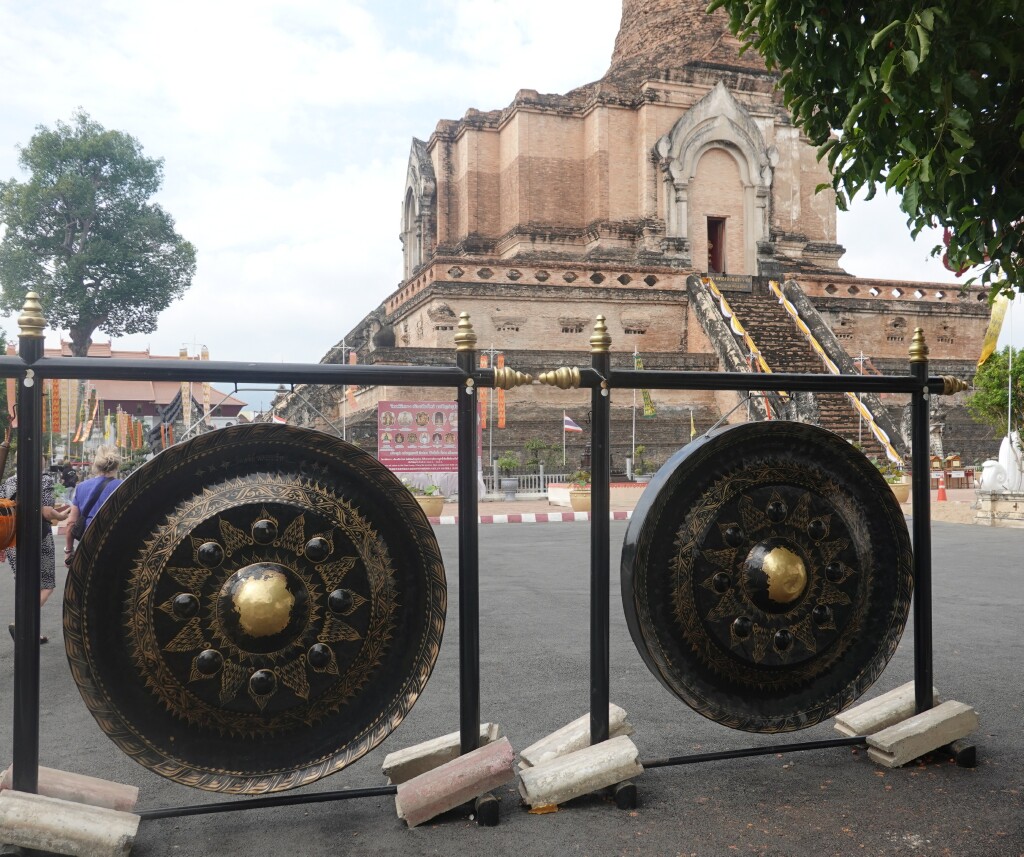 Black and gold 2-meter gongs at Wat Chedi Luang, Chiang Mai, Thailand