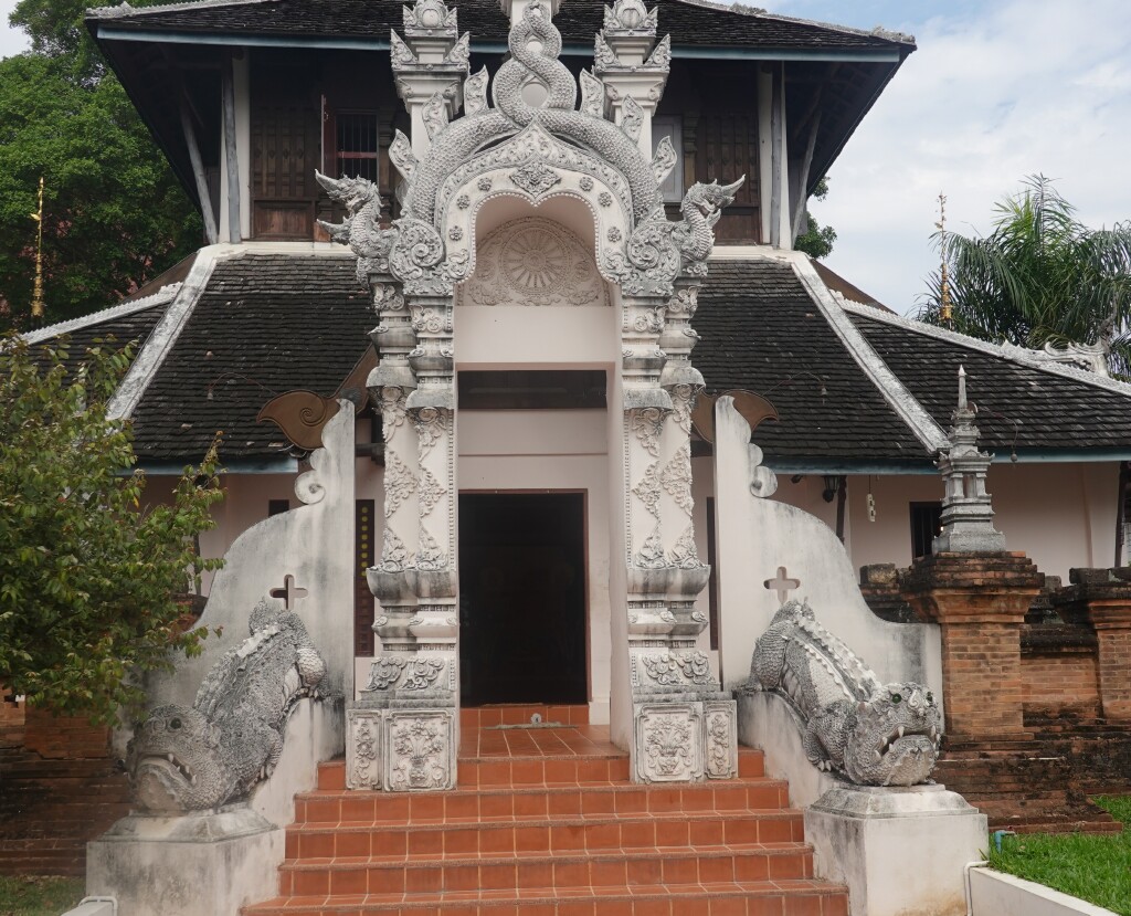 White entrance to ho trai (library) at Wat Chedi Luang, Chiang Mai, Thailand
